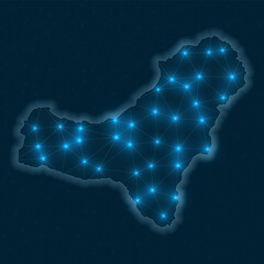 El Hierro network map. Abstract geometric map of the island. Digital connections and telecommunication design. Glowing internet network. Neat vector illustration.