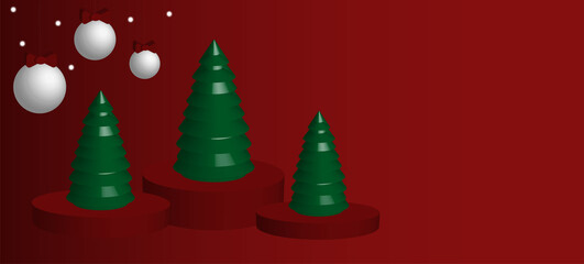 Wall Mural - christmas 3d background. red cylindrical podiums, on red christmas background, with christmas tree a
