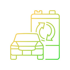 Poster - Recyclable EV battery gradient linear vector icon. Electric vehicle accumulator reuse. E-waste processing. Thin line color symbol. Modern style pictogram. Vector isolated outline drawing