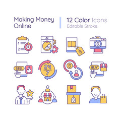 Wall Mural - Making money online RGB color icons set. Ecommerce platform. Online shopping. Hot deals. Customer satisfaction. Isolated vector illustrations. Simple filled line drawings collection. Editable stroke