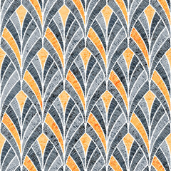 Seamless embroidered wavy pattern. Seigaiha ornament in patchwork style. Vector illustration.