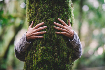 Nature lover hugging trunk tree with green musk in tropical woods forest. Green natural background. Concept of people love nature and protect from deforestation or pollution or climate change