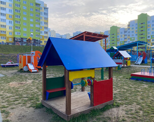 Children's playground. Slide for children, sandbox, gazebo. Equipped children's playground