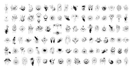 Wall Mural - Collection of black and white esoteric tattoos. Mystical stickers.