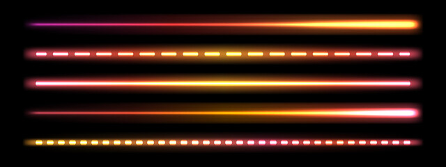 Wall Mural - Glowing laser beam, colorful gradient neon stick, fluorescent  LED light effect, dynamic shiny line tubes. Isolated on dark transparent background. Vector illustration