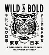 Black and White Wild Tiger Head Illustration with Tokyo Japan Words in Japanese Vector Artwork on White Background for Apparel and Other Uses