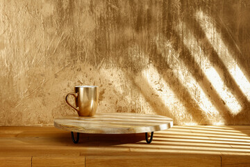 Poster - Natural wooden table with a blank background of shadows on the wall 