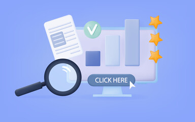 3d search result online. Annual report with the final result. Research and verification of information data on a computer screen. Computer window with business page interface. Vector illustration