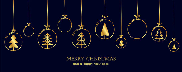 christmas card with fir tree golden balls hanging decoration