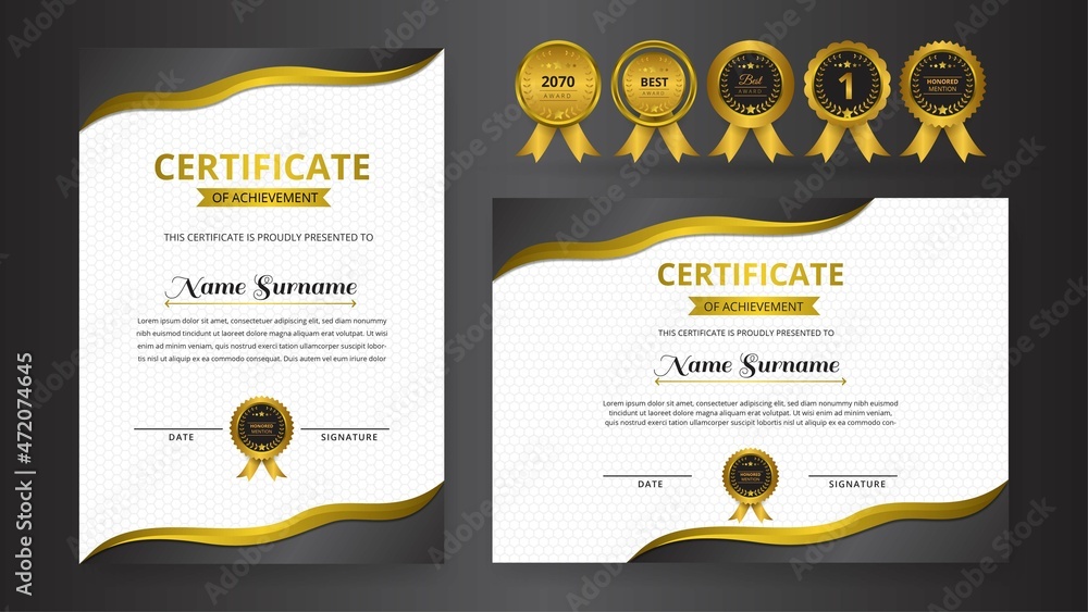 Gradient golden black elegant certificate with gold badge set For award ...