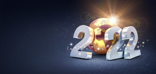 Wall Mural - Happy New Year 2022 greeting card : silvery date numbers with a gold earth globe, shining on a black background - 3D illustration