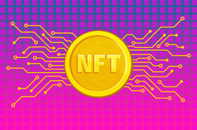 NFT Nonfungible Token Text On Golden Coin. Pay For Unique Collectibles In Games Or Art.