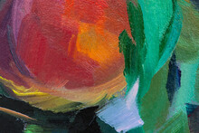 Oil Painting Peaches Fragment. Artistic Original Sketch. Abstract Background. Ripe Juicy Fragrant Peaches. Creative Work Pictorial Sketch. Oil Painting On Cardboard. The Concept Of Summer Sweet Fruits