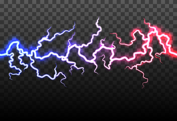 Poster - Realistic Detailed 3d Glowing Lightning Electric Thunder Storm Effect. Vector illustration of Light on a Transparent Background