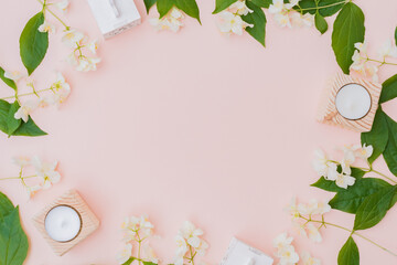 Wall Mural - flat lay composition with jasmine flowers on a pink background
