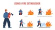 Fireman with fire extinguisher fights flame, flat vector illustration on white background with text.
