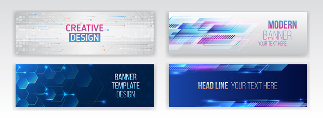 Wall Mural - Abstract social media cover design. Horizontal header web background. High tech design with technological elements. Science and digital technology concept. Set of modern banner templates for websites.