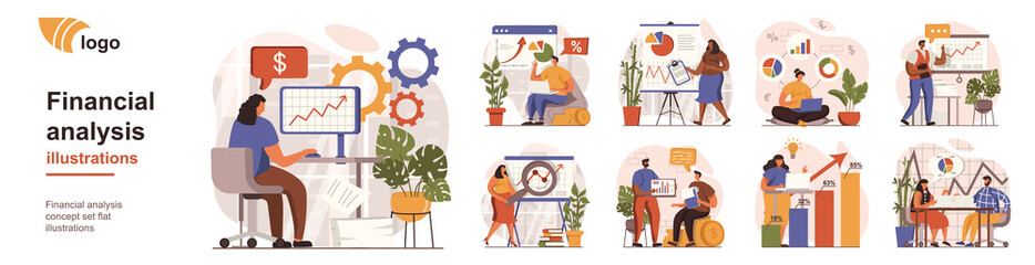 Poster - Financial analysis concept isolated person situations. Collection of scenes with people accountants or analysts work with data and financial statistics. Mega set. Vector illustration in flat design