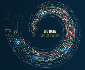 Data stream in the form of an array of circles and binary code. Vector database background. Big data visualization. Processing of data arrays, sorting. Filtering machine algorithms.