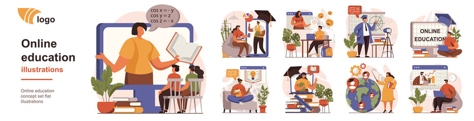 Leinwandbilder - Online education concept isolated person situations. Collection of scenes with people learn from video lessons, watch seminars, trainings and webinars. Mega set. Vector illustration in flat design