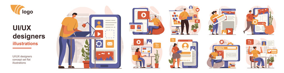 Leinwandbilder - UI and UX designers concept isolated person situations. Collection of scenes with people create and optimize layouts interfaces for mobile applications. Mega set. Vector illustration in flat design
