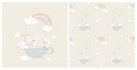 Wall Mural - Seamless Pattern With Cute Little Bunnies. Rabbits take baths in a cup. Rainbow, foam and clouds in the background. Can be used for t-shirt print, kids wear fashion design, invitation card, packaging