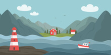 Norwegian Landscape In North Europe. Vector Illustration. Nature Outdoor Lifestyle.