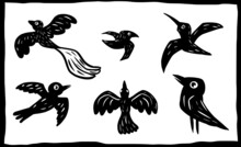 Set Of Birds In Woodcut Style.