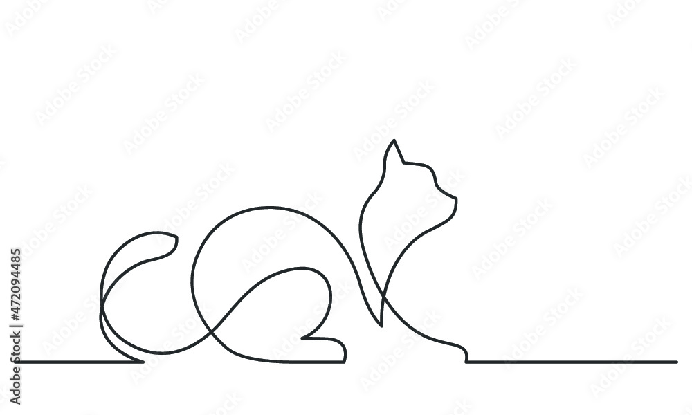 Continuous one line drawing of cat. Cat sitting with curled tail ...