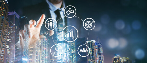 clicks on the screen on which target, magnifier, people, gear and graph. business analytics concept