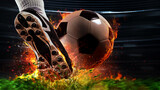 Fototapeta Sport - Powerful kick of a soccer player with fiery ball