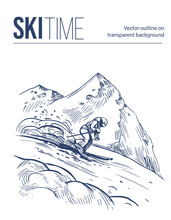Ski Resort In The Mountains. Ski Slope. Winter Landscape. Vector Outline Illustration. Line Art