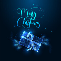 Wall Mural - Merry Christmas digital greeting card template with gift box, and fir branches and text isolated on dark blue