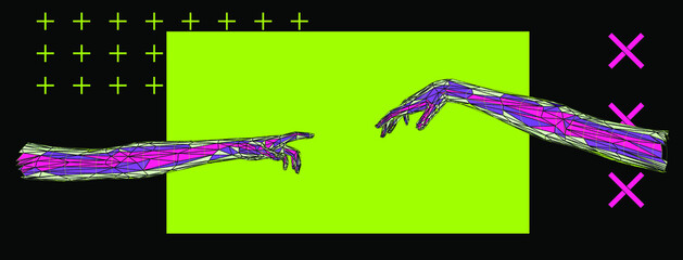 Aufkleber - Vector 3D model of hands going to touch together, reminiscent of Michelangelo's artwork. Cyberpunk and vaporwave style art collage.