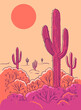 Desert with cacti and sunset. Vector illustration