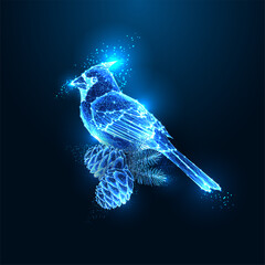 Wall Mural - Abstract Cardinal bird and pine cones in furutistic glowing polygonal style isolated on dark blue