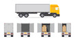 © Wise ant - Truck for delivery. Lorry with back and side view. Open or closed back door. Box inside van for commercial order. Mockup of truck with parcel for service of delivery. Fast move of cargo. Vector