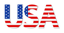 Usa Flag On Word. Logo With Text And Usa Flag. Icon For American Made, Patriotic, 4th July And Travel. Graphic Font On America Banner. Design Symbol Of Us. Vector