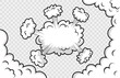 Comic background with speed clouds. Funny smoke shapes in pop art style. Cartoon bomb explosion. Retro frame with balloons and wind. Sky air banner. Speech bubble element. Vector illustration.
