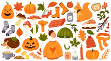 Autumn Set Vector Illustration. Cartoon Autumn Collection With Fall Acorn And Edible Mushrooms, Halloween Pumpkin, Orange Leaf Of Maple Oak And Chestnut, Cozy Warm Plaid And Hot Tea Isolated On White