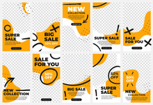 Big Sale Banner Design Template Set Vector Illustration. Curved Frame For Social Media Story, Orange Fluid Waves And Black Marker Lines In Creative Modern Mockup For Fashion Stories, Coupon, Poster