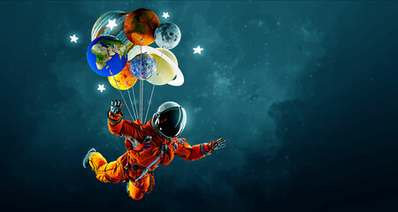 astronaut with balloons and planets on the background of the space. vector illustration