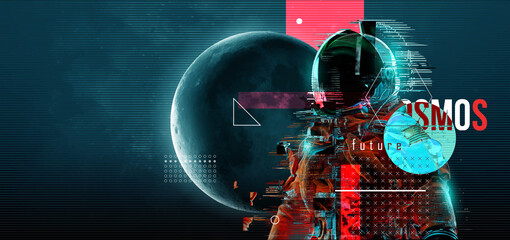 glitch astronaut on the background of the moon and space. digital pixel noise abstract design. vecto