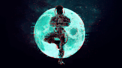 Wall Mural - glitch astronaut on the background of the moon and space. digital pixel noise abstract design. vecto