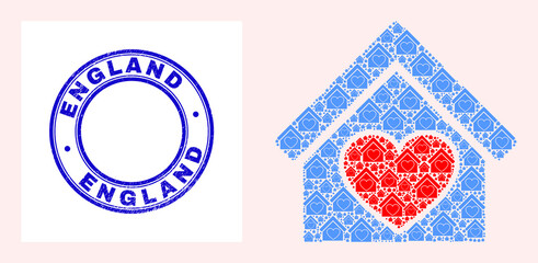 Canvas Print - Vector love house icon collage is formed from scattered recursive love house items. England grunge blue round seal. Recursive combination of love house icon.