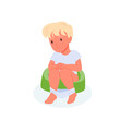 Baby boy sitting on green chamber pot vector illustration. Cartoon little child doing morning or evening hygiene routine in bathroom or lavatory isolated on white. Toddler potty training concept