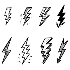 Wall Mural - set of hand drawn vector doodle electric lightning bolt symbol sketch illustrations. vector illustra
