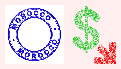 Wall Mural - Vector export dollar icon collage is organized from scattered recursive export dollar items. Morocco corroded blue round stamp seal. Fractal mosaic from export dollar icon.