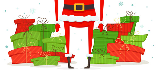 Wall Mural - Christmas Banner with Legs of Santa and Gift Boxes