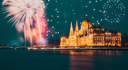 Sticker - fireworks over Hungarian Parliament New Year in Budapest